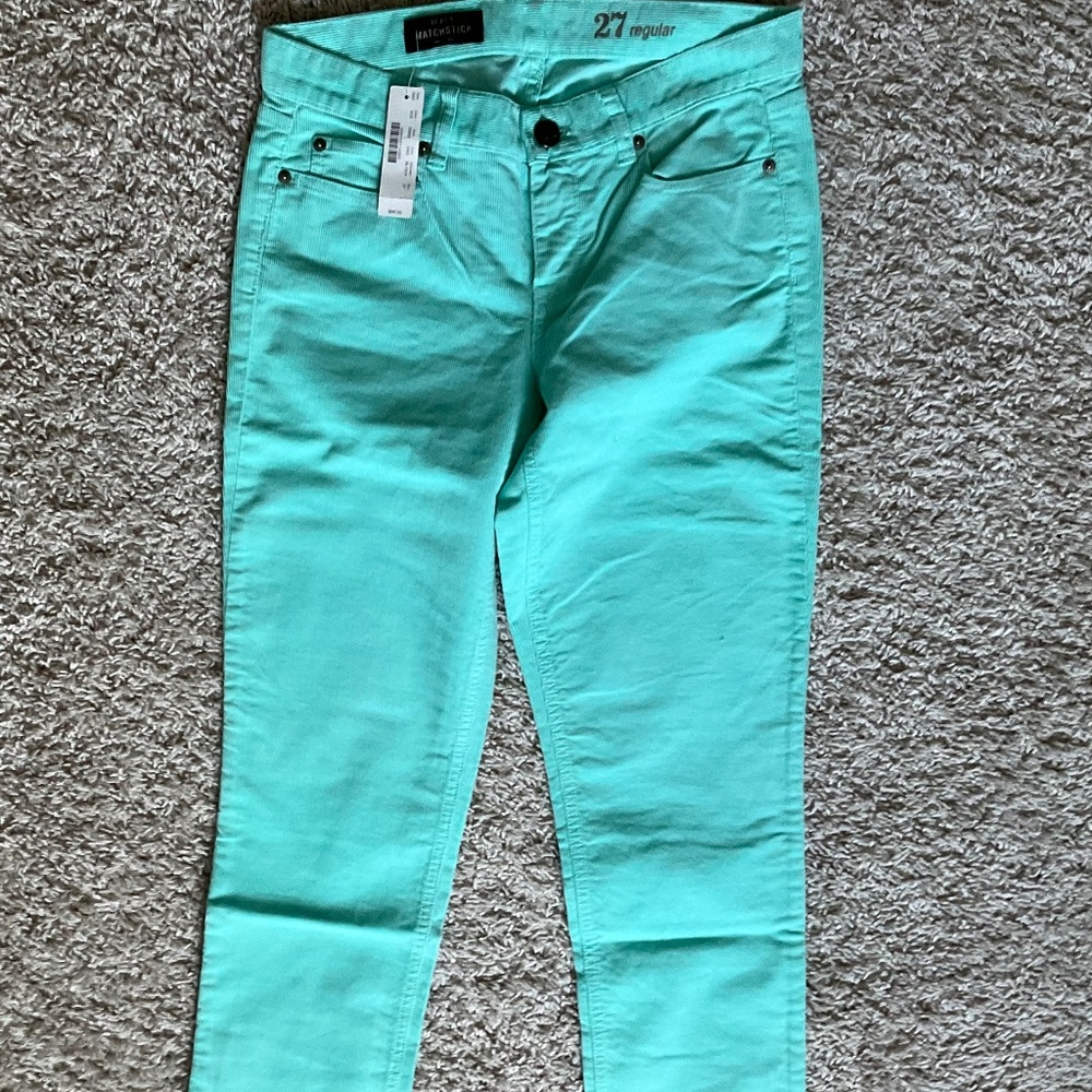 J.CREW CORDUROY MATCHSTICK JEANS IN GREEN AQUA. SIZE:27. ITEM # 03903.